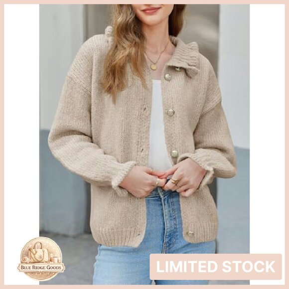 Oversized Ribbed Knit Cardigan Ruffle Neckline Open Front Chic Fall Sweater - Picture 3 of 8